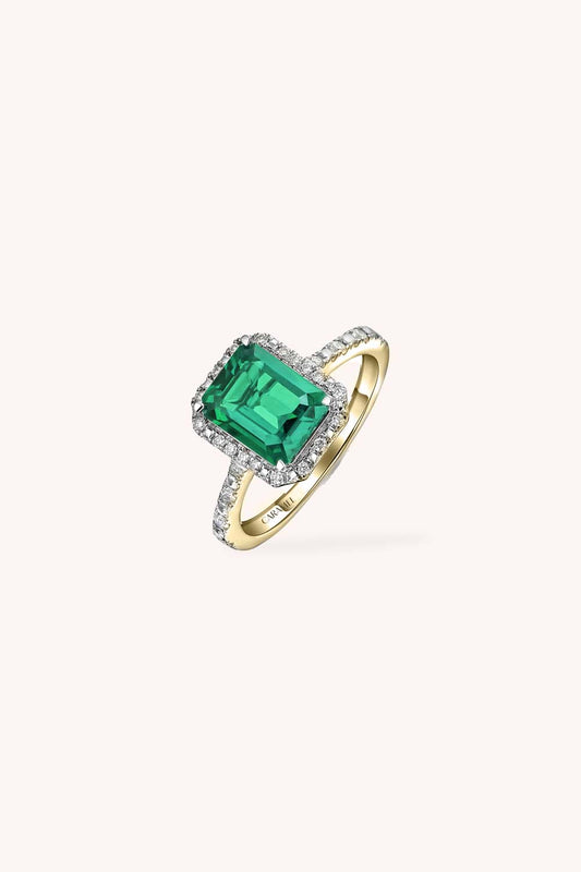 EMERALD AND DIAMOND HALO CLUSTER RING